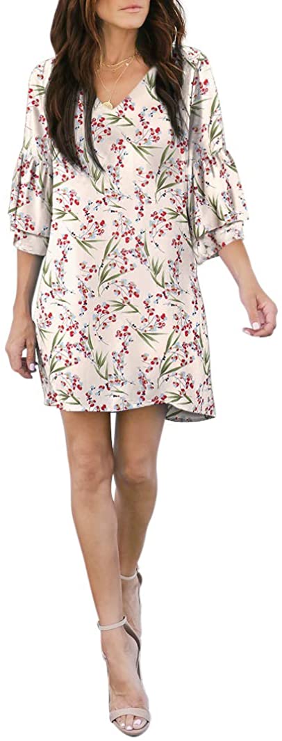 BELONGSCI Women's Dress Sweet & Cute V-Neck Bell Sleeve Shift Dress Mini Dress