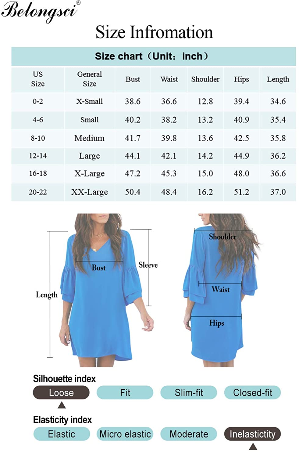 BELONGSCI Women's Dress Sweet & Cute V-Neck Bell Sleeve Shift Dress Mini Dress