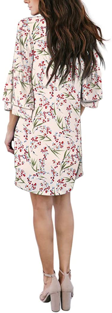 BELONGSCI Women's Dress Sweet & Cute V-Neck Bell Sleeve Shift Dress Mini Dress