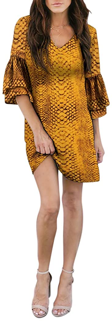 BELONGSCI Women's Dress Sweet & Cute V-Neck Bell Sleeve Shift Dress Mini Dress