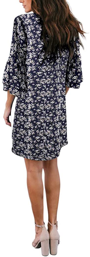 BELONGSCI Women's Dress Sweet & Cute V-Neck Bell Sleeve Shift Dress Mini Dress