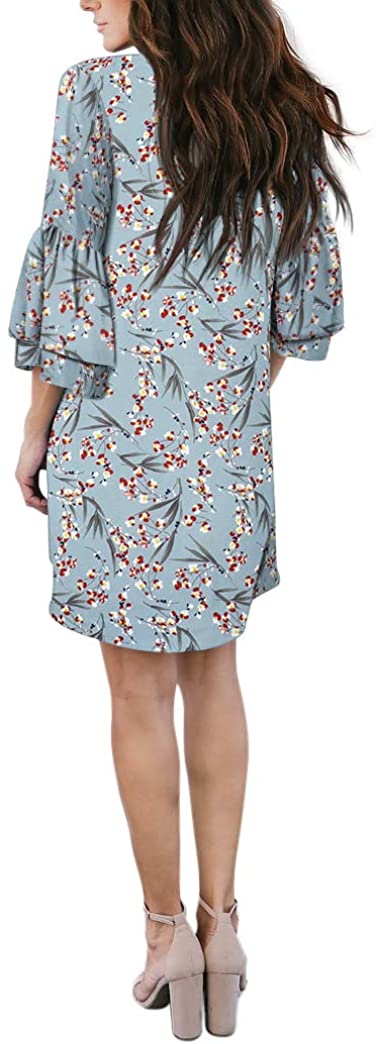 BELONGSCI Women's Dress Sweet & Cute V-Neck Bell Sleeve Shift Dress Mini Dress