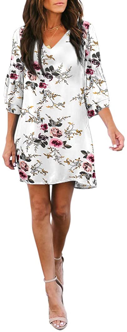 BELONGSCI Women's Dress Sweet & Cute V-Neck Bell Sleeve Shift Dress Mini Dress