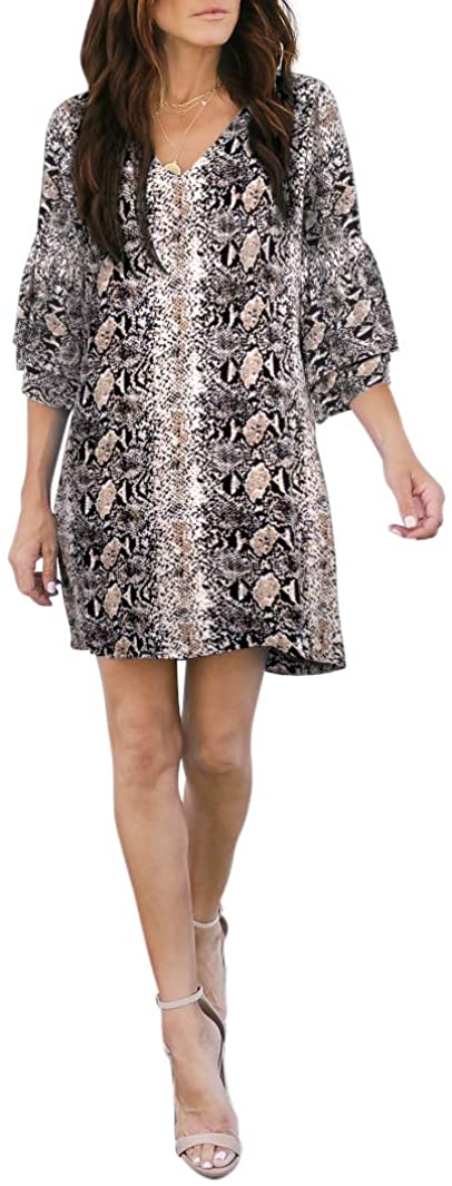 BELONGSCI Women's Dress Sweet & Cute V-Neck Bell Sleeve Shift Dress Mini Dress
