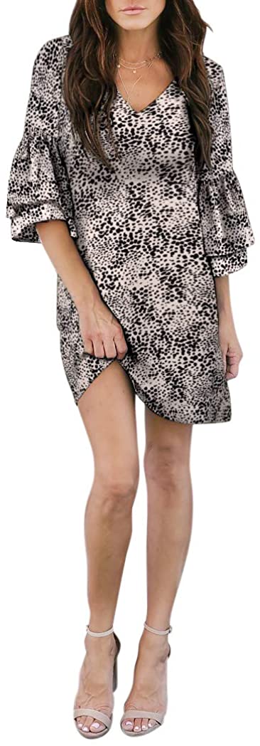 BELONGSCI Women's Dress Sweet & Cute V-Neck Bell Sleeve Shift Dress Mini Dress