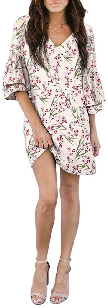 BELONGSCI Women's Dress Sweet & Cute V-Neck Bell Sleeve Shift Dress Mini Dress