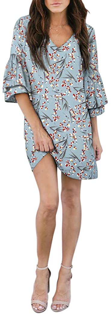 BELONGSCI Women's Dress Sweet & Cute V-Neck Bell Sleeve Shift Dress Mini Dress