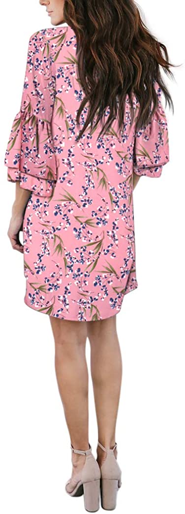 BELONGSCI Women's Dress Sweet & Cute V-Neck Bell Sleeve Shift Dress Mini Dress