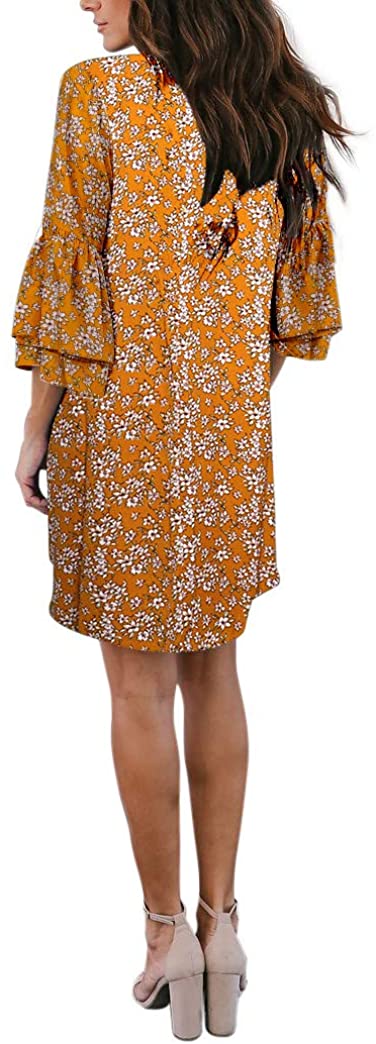 BELONGSCI Women's Dress Sweet & Cute V-Neck Bell Sleeve Shift Dress Mini Dress
