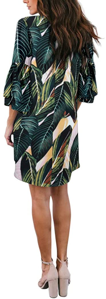 BELONGSCI Women's Dress Sweet & Cute V-Neck Bell Sleeve Shift Dress Mini Dress