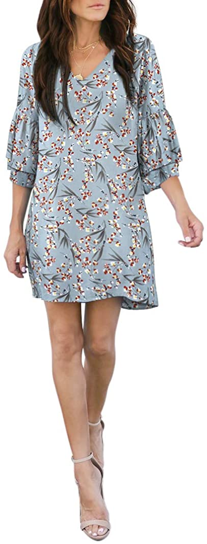 BELONGSCI Women's Dress Sweet & Cute V-Neck Bell Sleeve Shift Dress Mini Dress