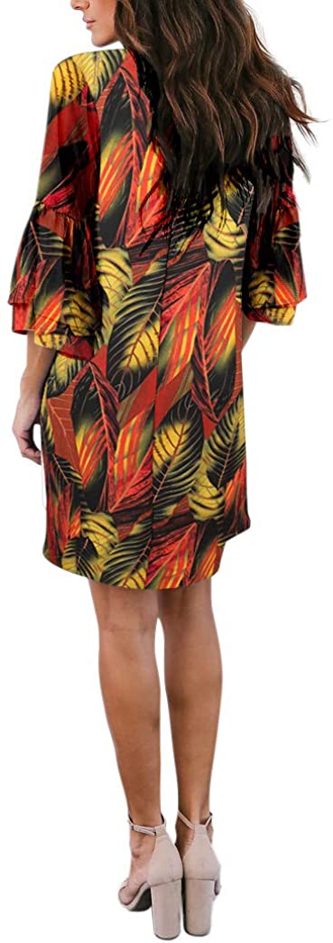 BELONGSCI Women's Dress Sweet & Cute V-Neck Bell Sleeve Shift Dress Mini Dress