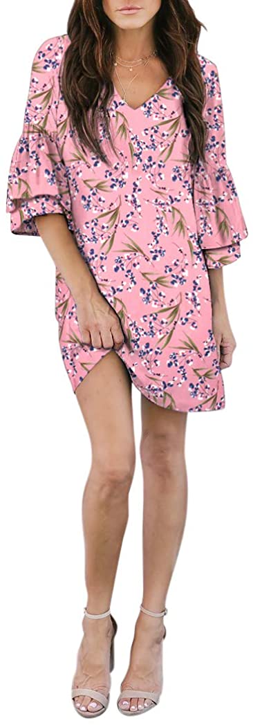 BELONGSCI Women's Dress Sweet & Cute V-Neck Bell Sleeve Shift Dress Mini Dress