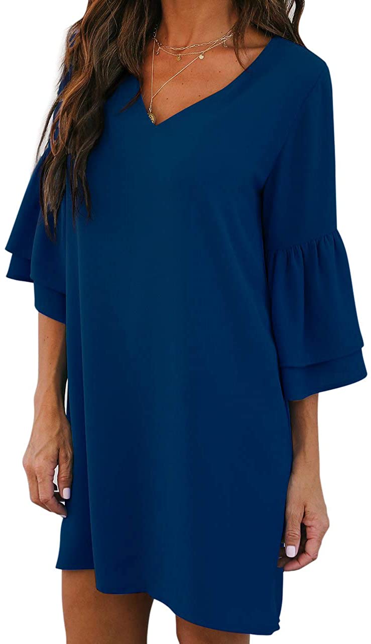 BELONGSCI Women's Dress Sweet & Cute V-Neck Bell Sleeve Shift Dress Mini Dress