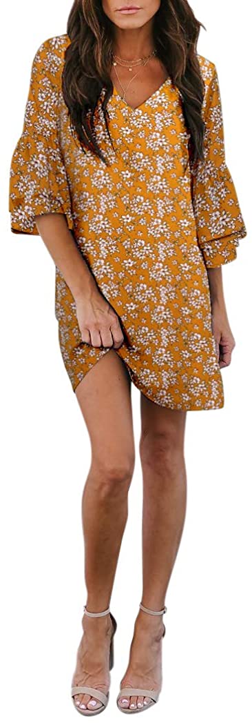 BELONGSCI Women's Dress Sweet & Cute V-Neck Bell Sleeve Shift Dress Mini Dress