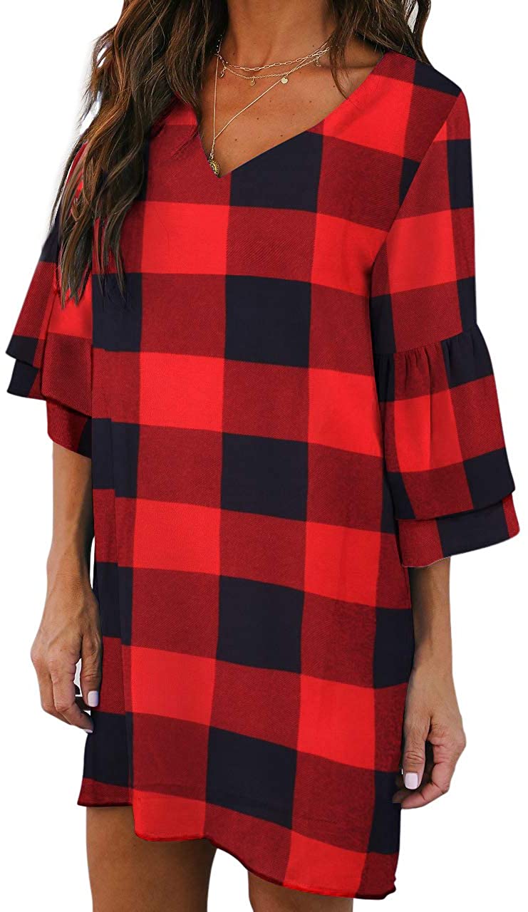 BELONGSCI Women's Dress Sweet & Cute V-Neck Bell Sleeve Shift Dress Mini Dress