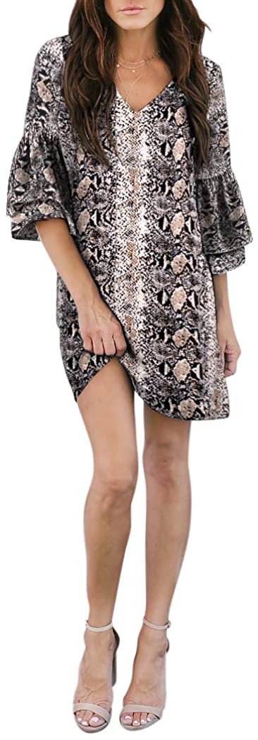 BELONGSCI Women's Dress Sweet & Cute V-Neck Bell Sleeve Shift Dress Mini Dress
