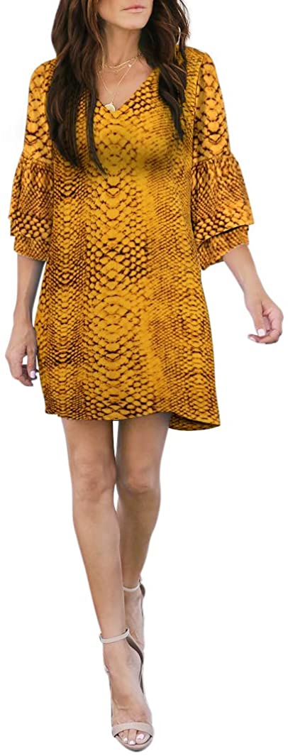 BELONGSCI Women's Dress Sweet & Cute V-Neck Bell Sleeve Shift Dress Mini Dress