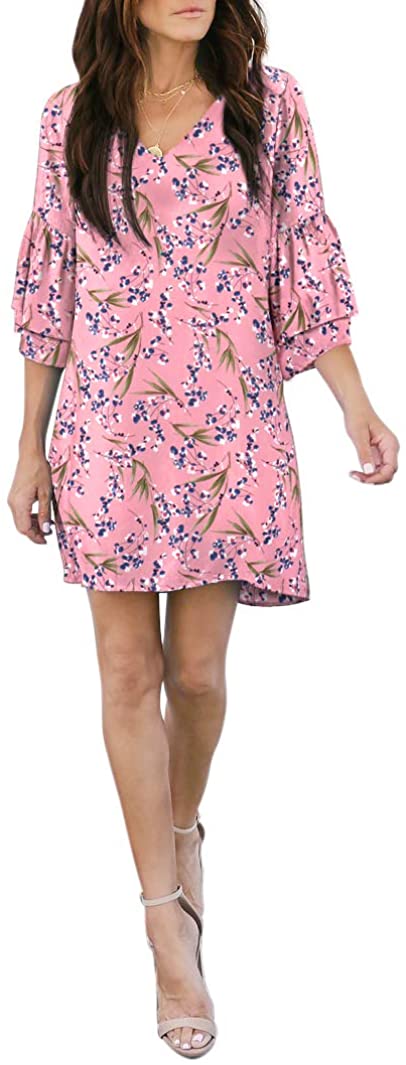 BELONGSCI Women's Dress Sweet & Cute V-Neck Bell Sleeve Shift Dress Mini Dress