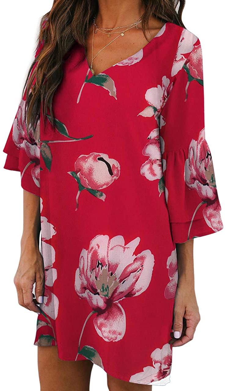 BELONGSCI Women's Dress Sweet & Cute V-Neck Bell Sleeve Shift Dress Mini Dress