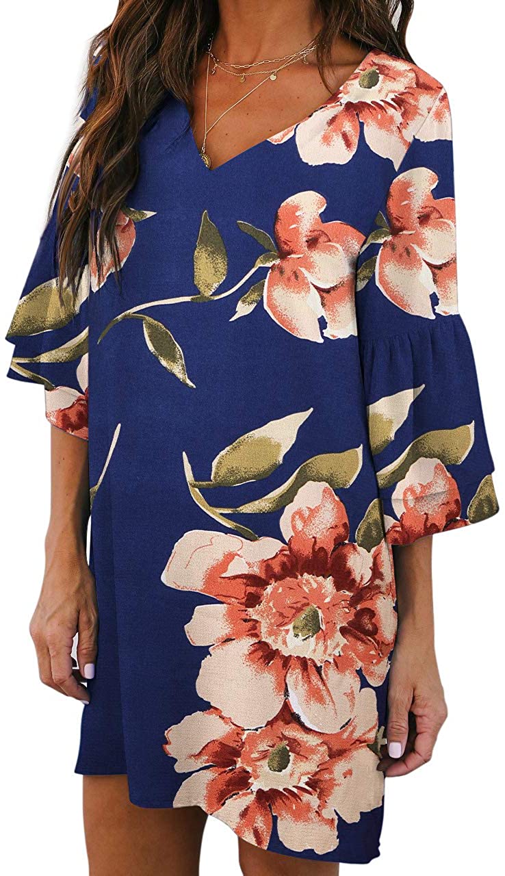 BELONGSCI Women's Dress Sweet & Cute V-Neck Bell Sleeve Shift Dress Mini Dress