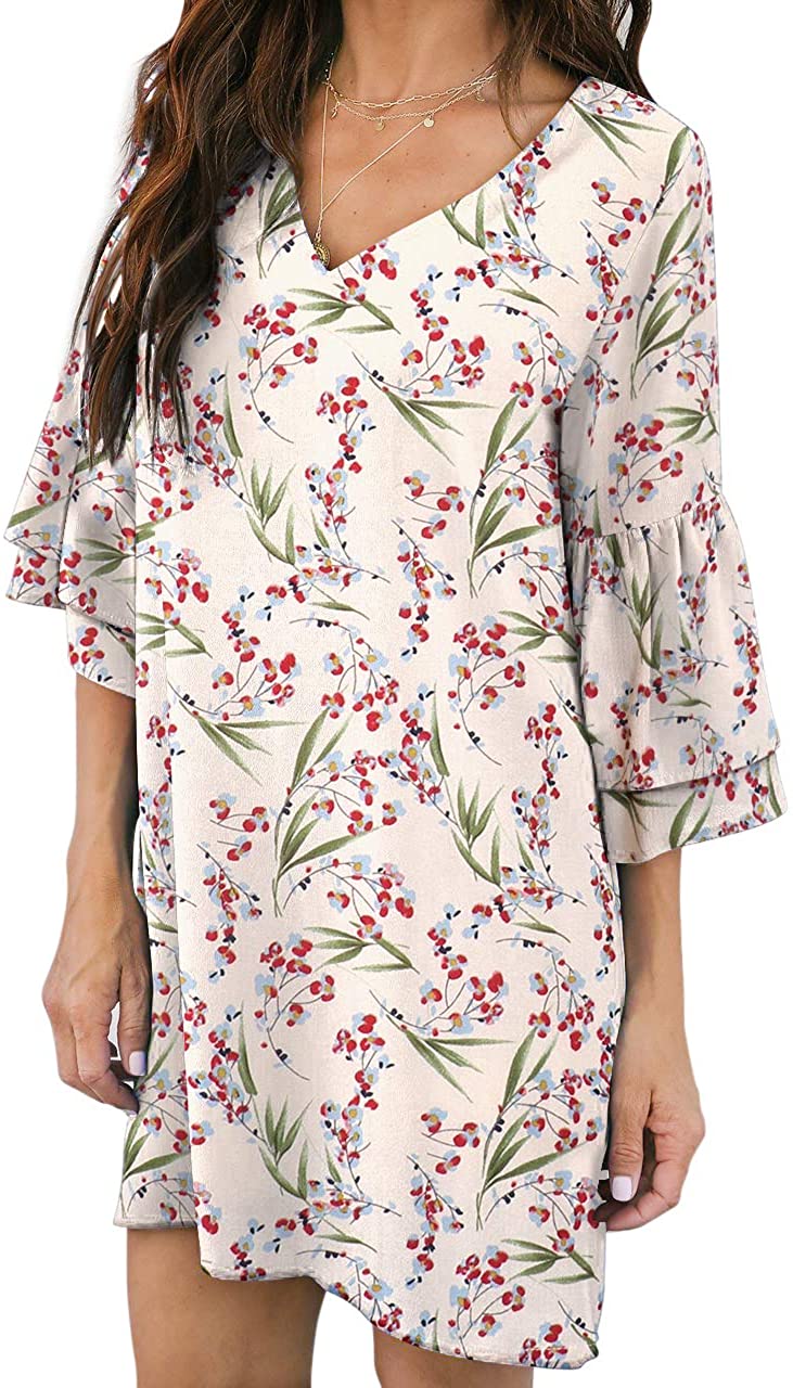 BELONGSCI Women's Dress Sweet & Cute V-Neck Bell Sleeve Shift Dress Mini Dress