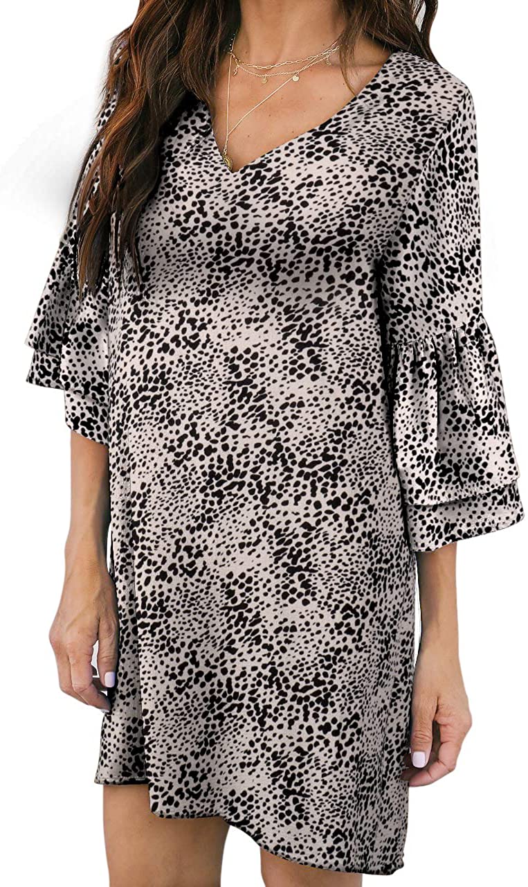 BELONGSCI Women's Dress Sweet & Cute V-Neck Bell Sleeve Shift Dress Mini Dress