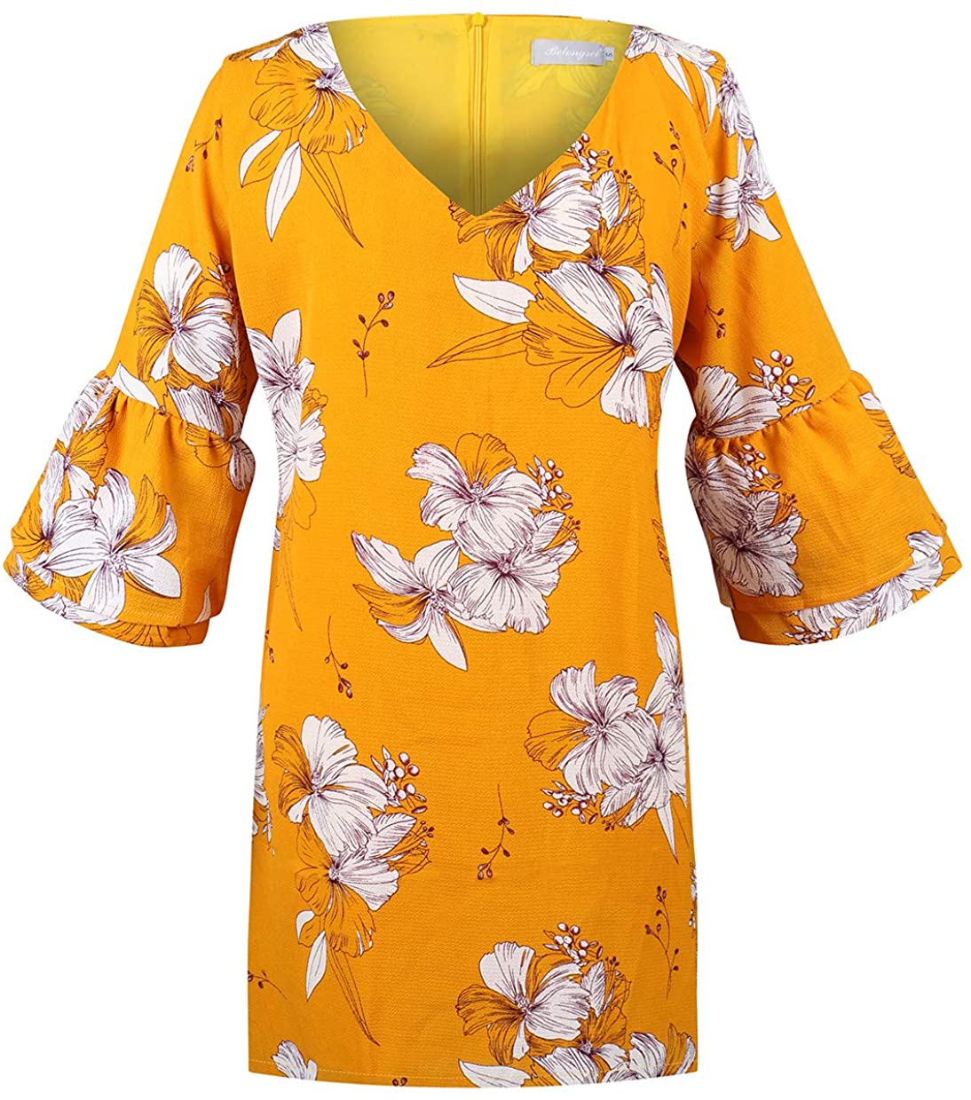 BELONGSCI Women's Dress Sweet & Cute V-Neck Bell Sleeve Shift Dress Mini Dress