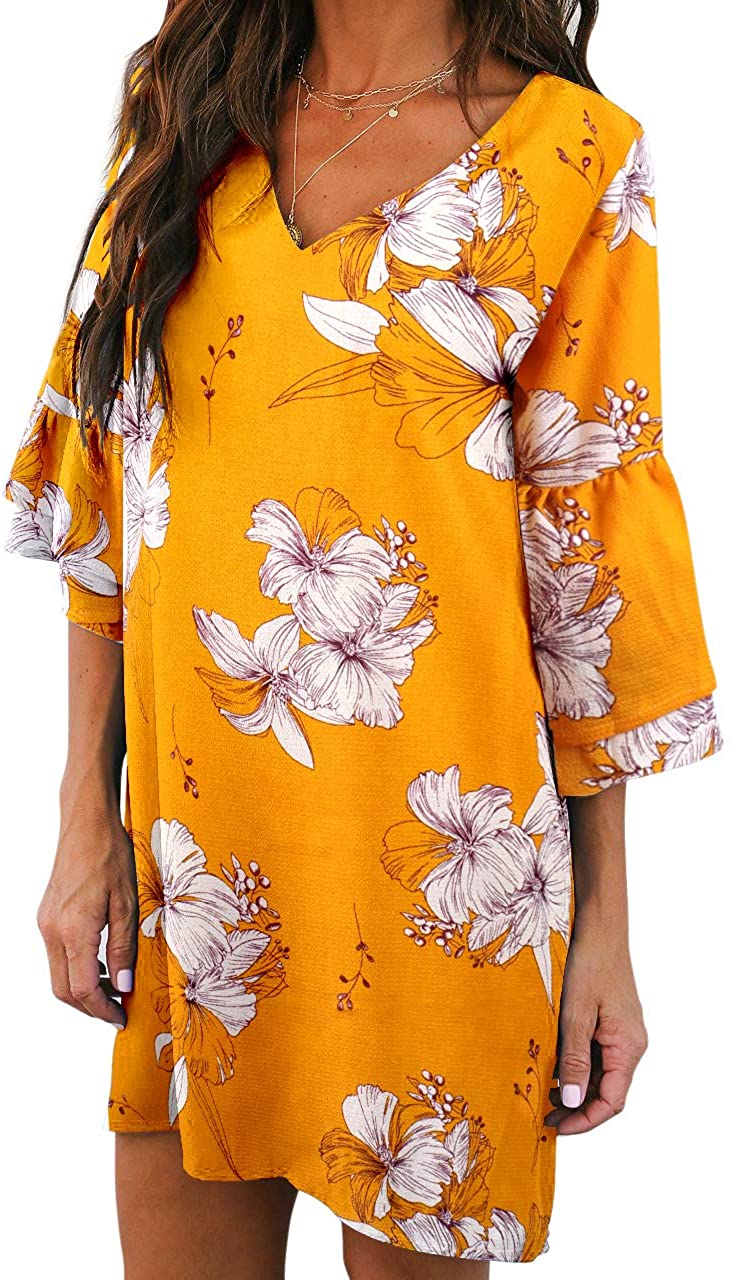 BELONGSCI Women's Dress Sweet & Cute V-Neck Bell Sleeve Shift Dress Mini Dress
