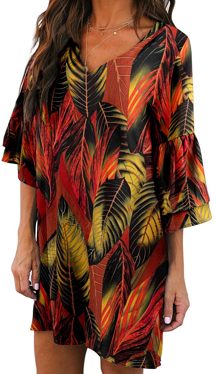 BELONGSCI Women's Dress Sweet & Cute V-Neck Bell Sleeve Shift Dress Mini Dress
