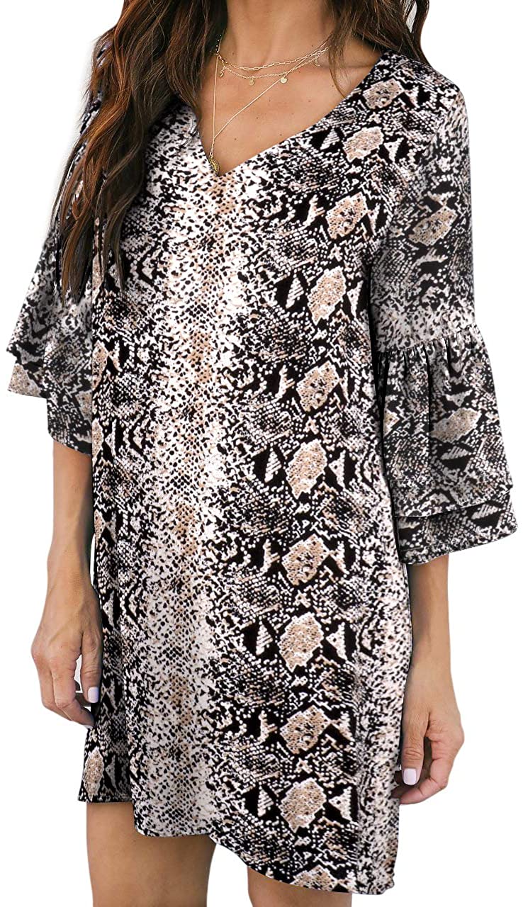 BELONGSCI Women's Dress Sweet & Cute V-Neck Bell Sleeve Shift Dress Mini Dress