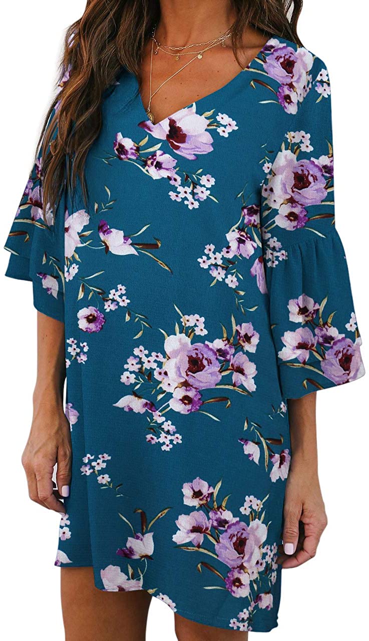 BELONGSCI Women's Dress Sweet & Cute V-Neck Bell Sleeve Shift Dress Mini Dress