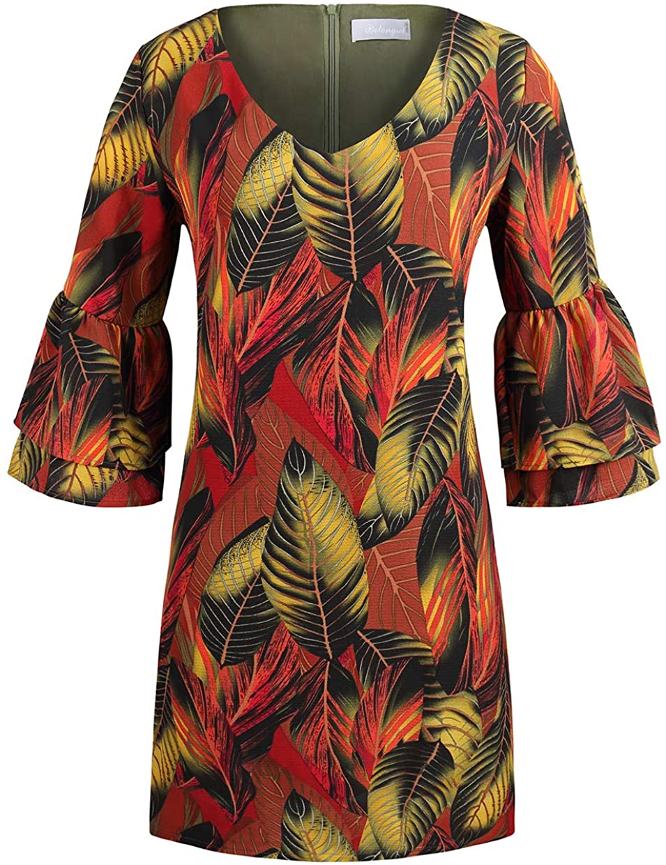 BELONGSCI Women's Dress Sweet & Cute V-Neck Bell Sleeve Shift Dress Mini Dress