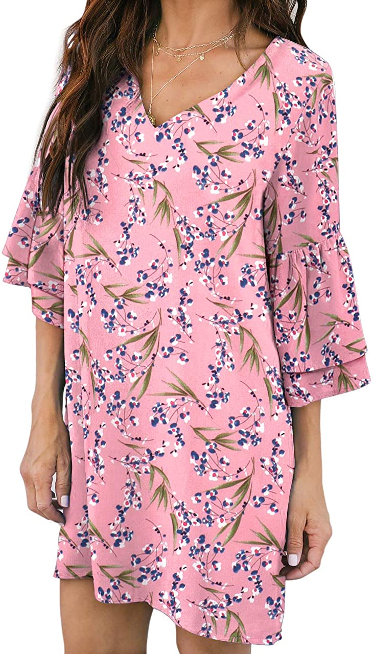 BELONGSCI Women's Dress Sweet & Cute V-Neck Bell Sleeve Shift Dress Mini Dress