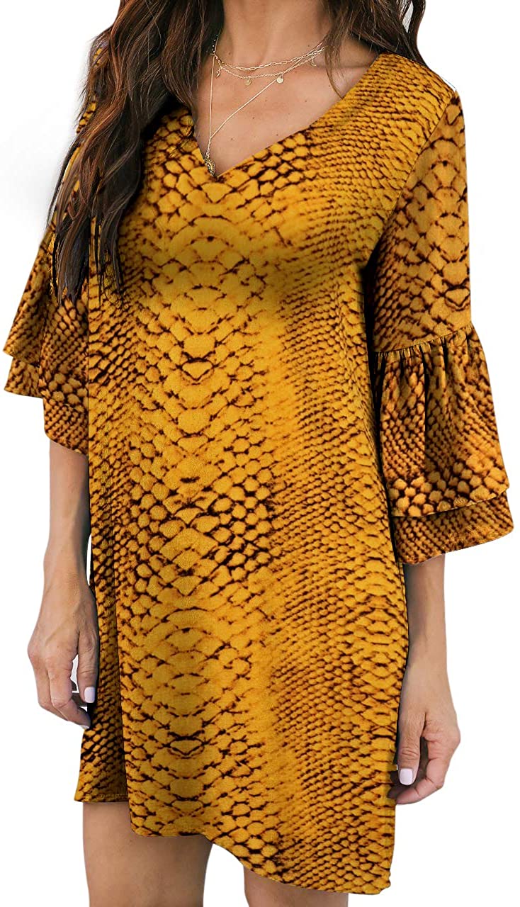 BELONGSCI Women's Dress Sweet & Cute V-Neck Bell Sleeve Shift Dress Mini Dress