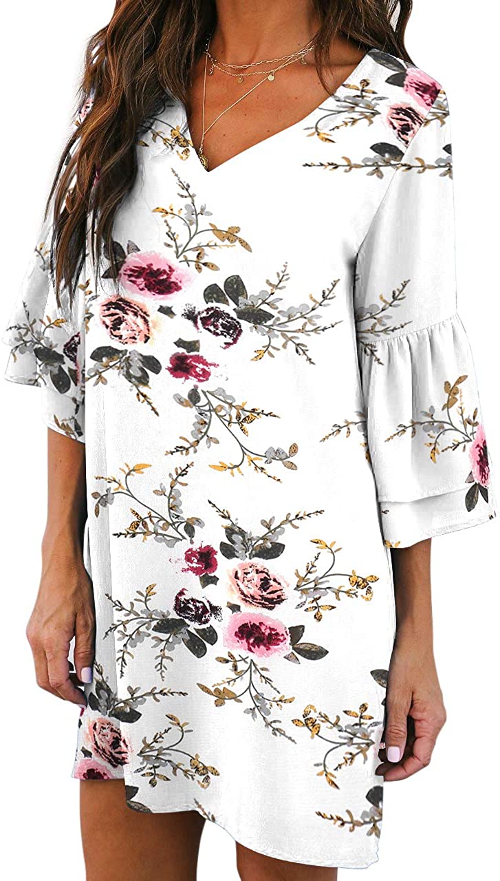 BELONGSCI Women's Dress Sweet & Cute V-Neck Bell Sleeve Shift Dress Mini Dress