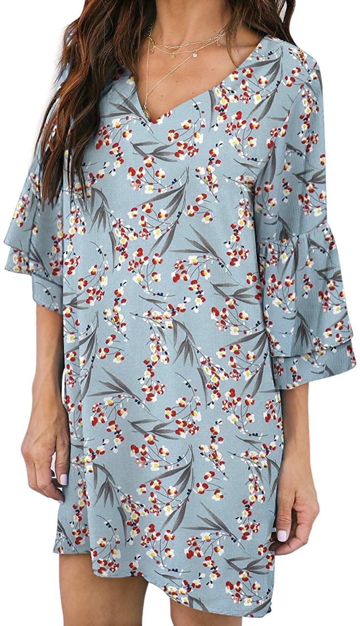 BELONGSCI Women's Dress Sweet & Cute V-Neck Bell Sleeve Shift Dress Mini Dress