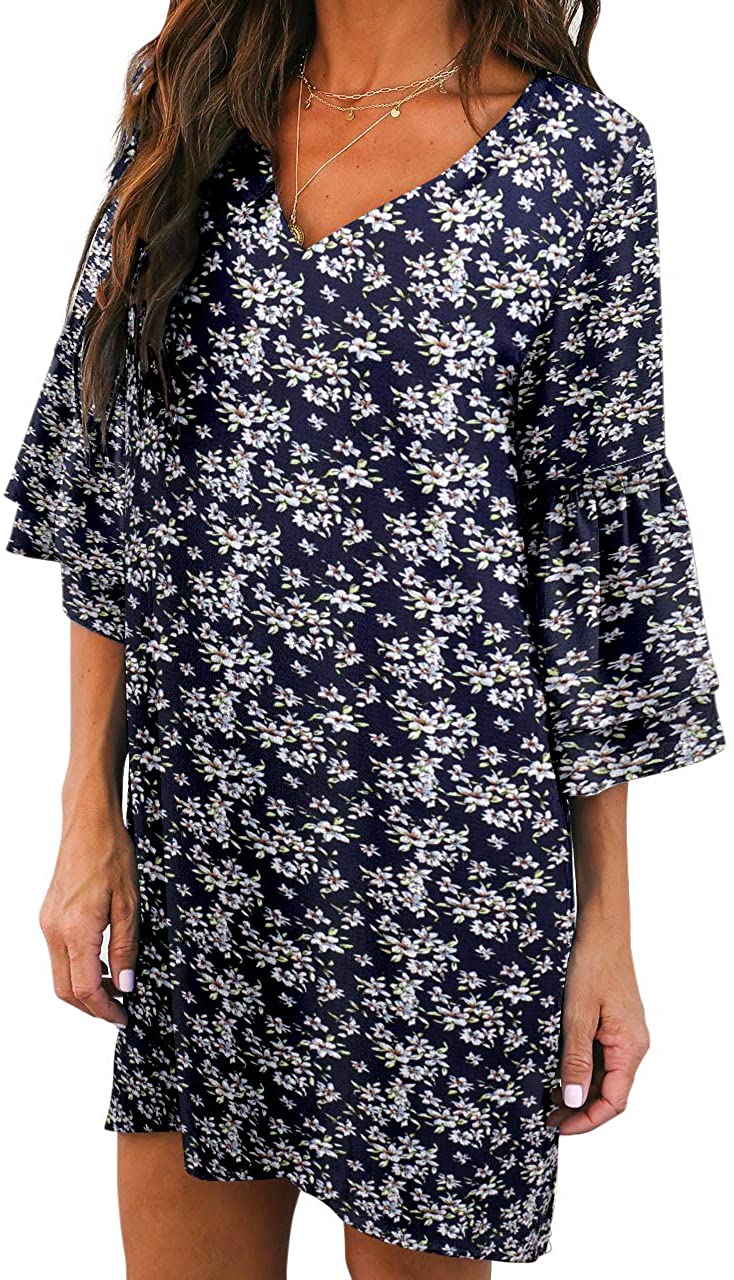 BELONGSCI Women's Dress Sweet & Cute V-Neck Bell Sleeve Shift Dress Mini Dress