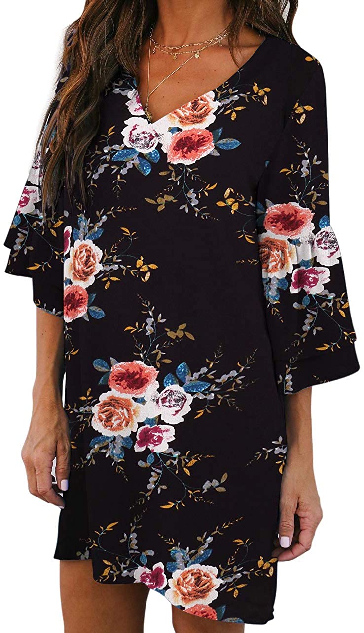 BELONGSCI Women's Dress Sweet & Cute V-Neck Bell Sleeve Shift Dress Mini Dress