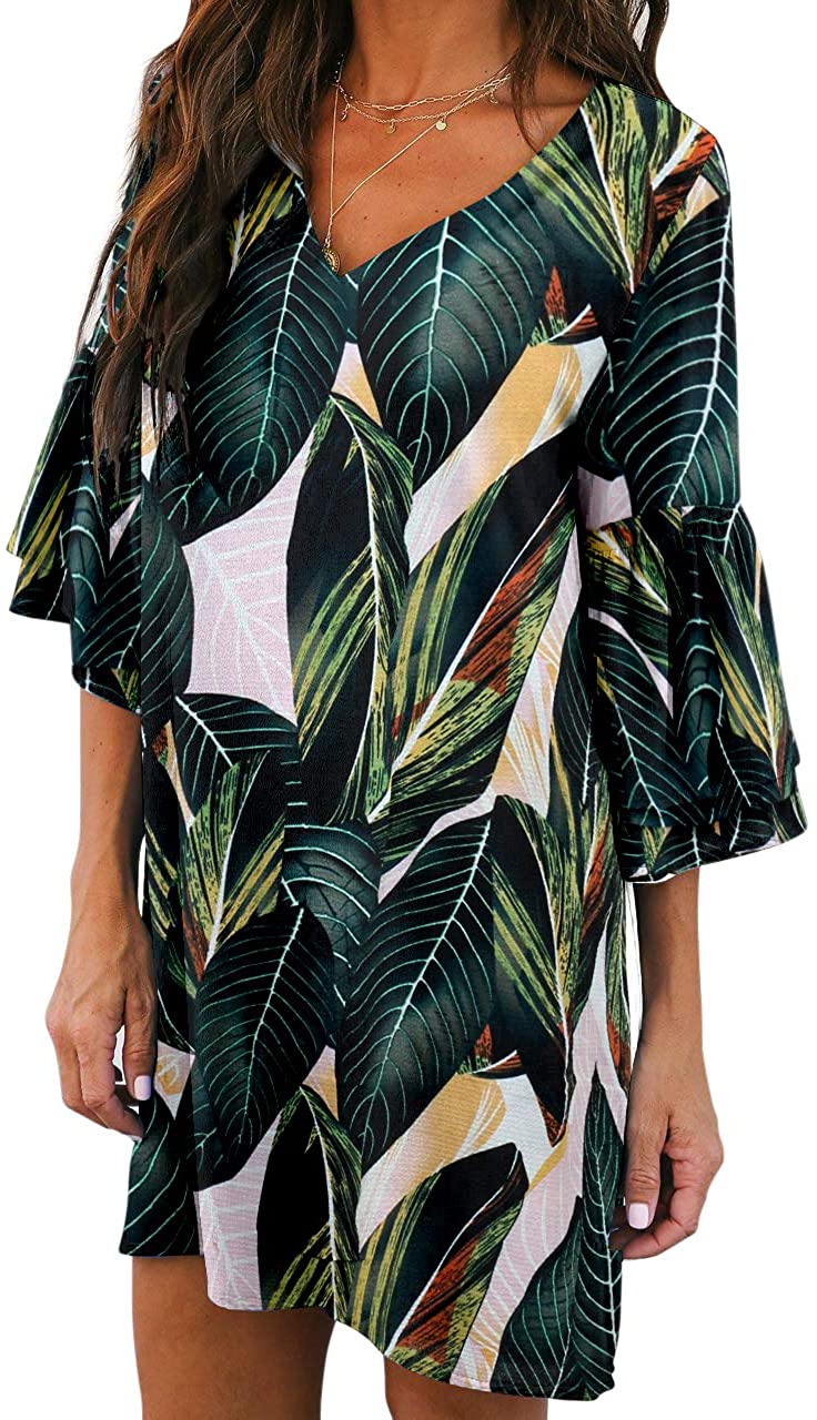 BELONGSCI Women's Dress Sweet & Cute V-Neck Bell Sleeve Shift Dress Mini Dress