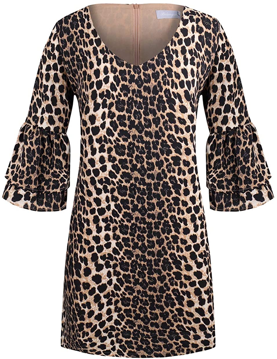 BELONGSCI Women's Dress Sweet & Cute V-Neck Bell Sleeve Shift Dress Mini Dress