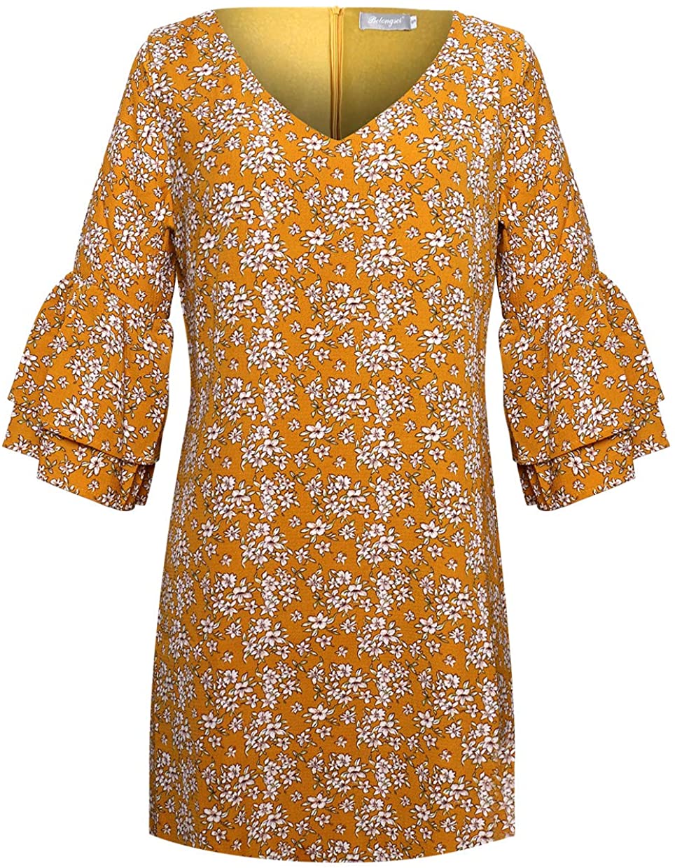 BELONGSCI Women's Dress Sweet & Cute V-Neck Bell Sleeve Shift Dress Mini Dress