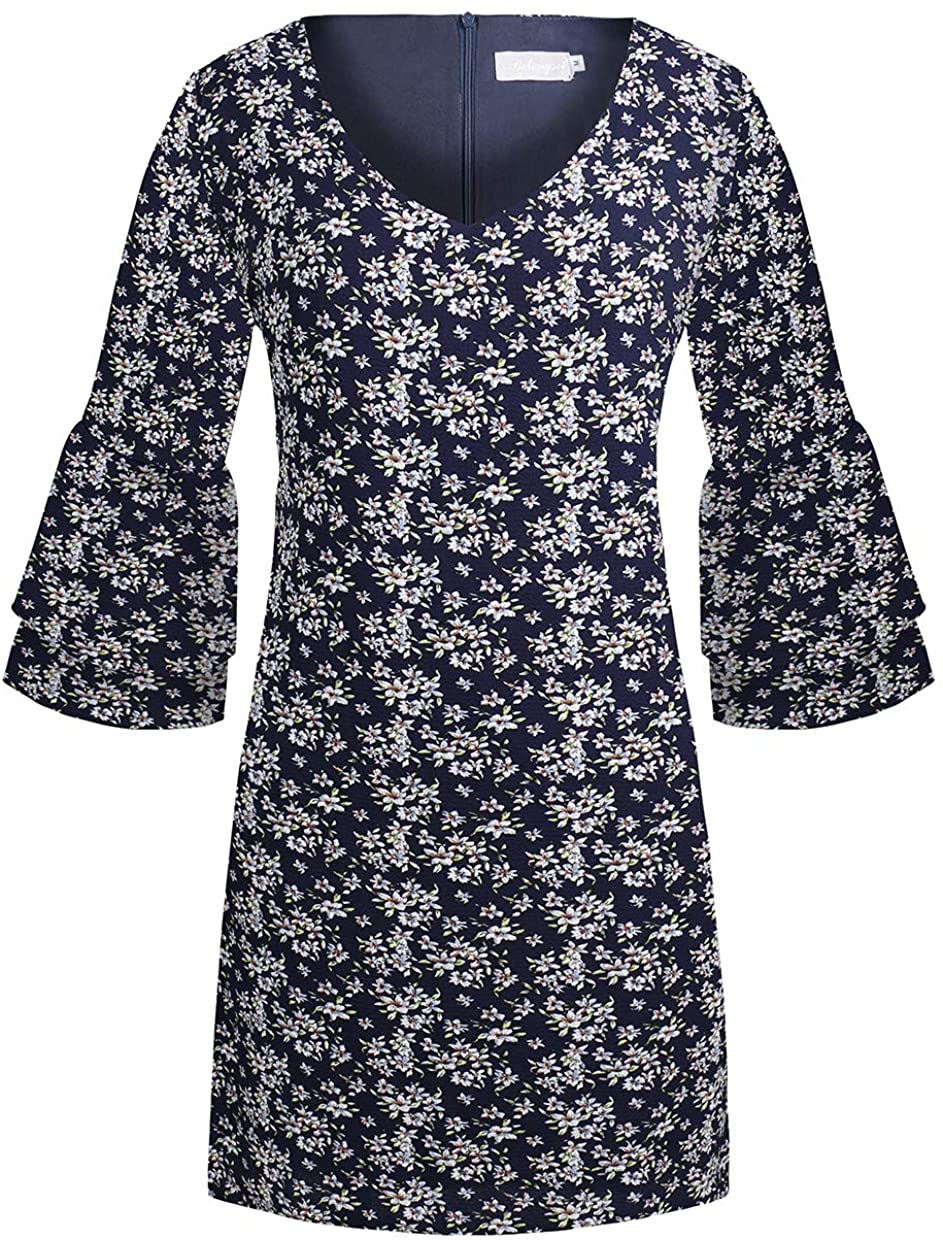 BELONGSCI Women's Dress Sweet & Cute V-Neck Bell Sleeve Shift Dress Mini Dress