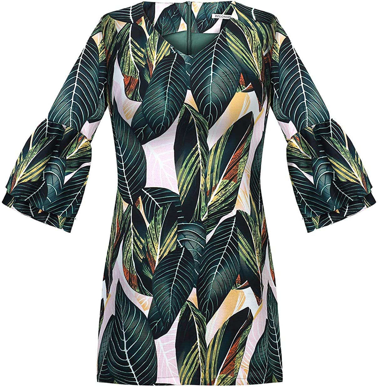 BELONGSCI Women's Dress Sweet & Cute V-Neck Bell Sleeve Shift Dress Mini Dress