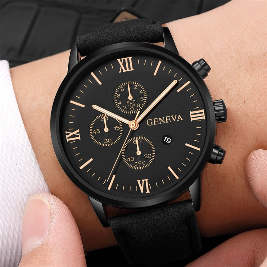 Reloj deportivo de cuarzo para hombre, cronógrafo con correa de cuero y carcasa de acero inoxidable, a la moda, para negocios, 2021|Relojes de cuarzo|