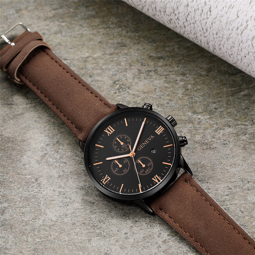 Reloj deportivo de cuarzo para hombre, cronógrafo con correa de cuero y carcasa de acero inoxidable, a la moda, para negocios, 2021|Relojes de cuarzo|