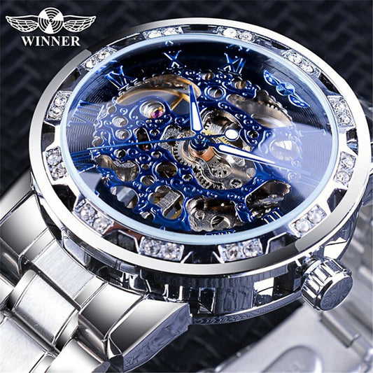 T-ganador de acero inoxidable para hombres De colección diamante hueco relojes mecánicos # 1089