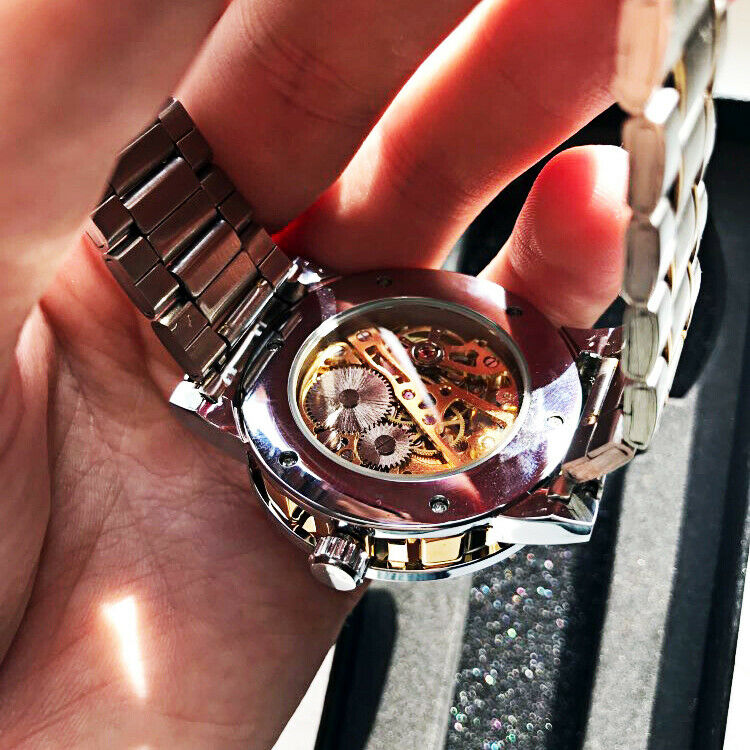 T-ganador de acero inoxidable para hombres De colección diamante hueco relojes mecánicos # 1089