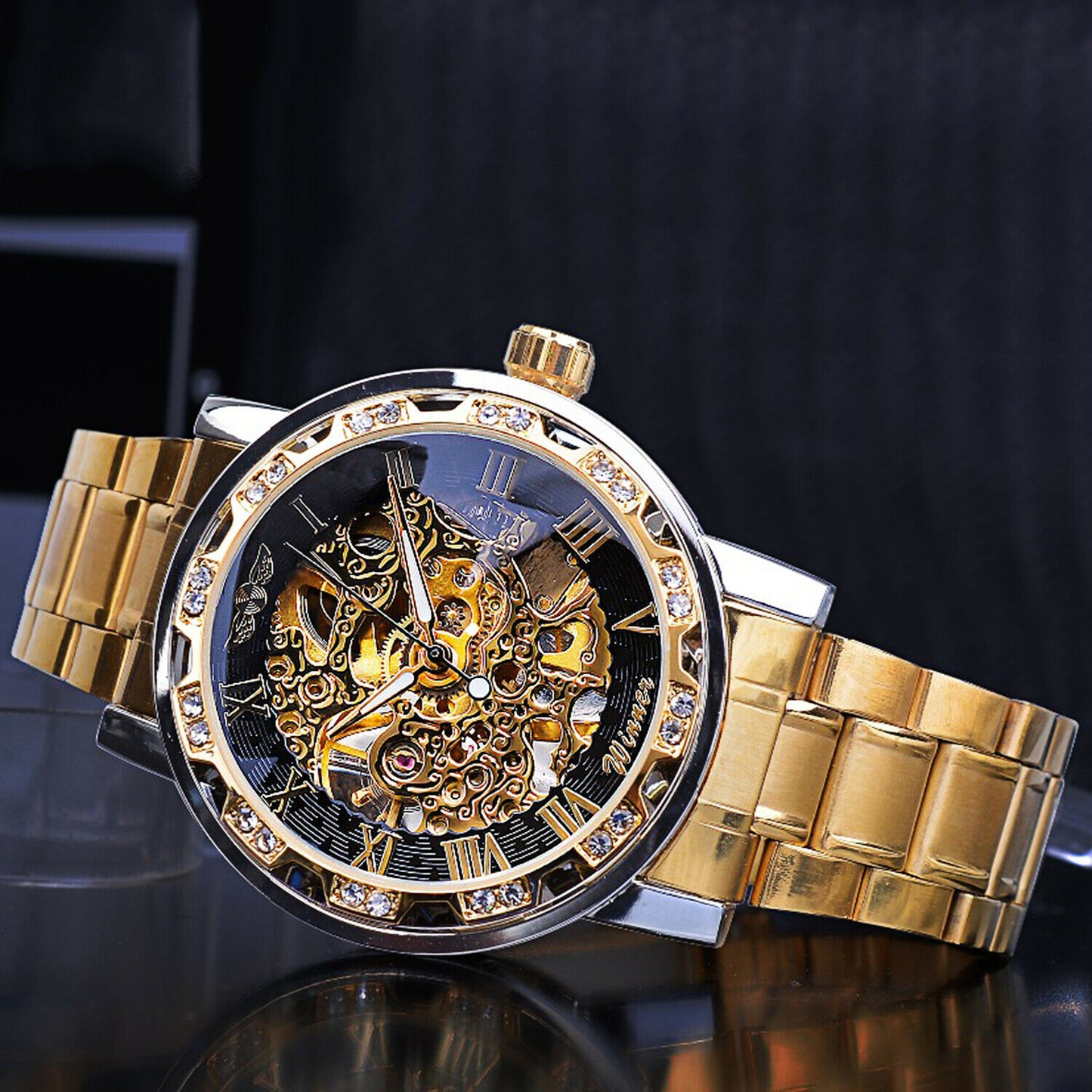 T-ganador de acero inoxidable para hombres De colección diamante hueco relojes mecánicos # 1089