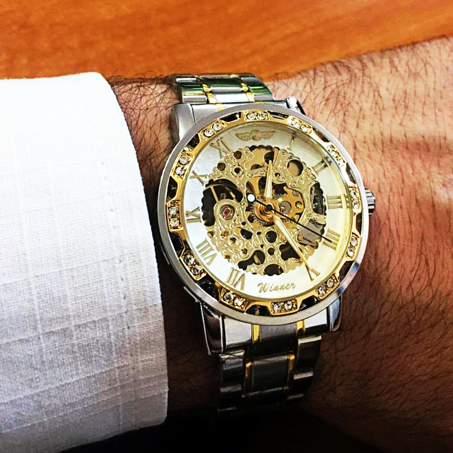 T-ganador de acero inoxidable para hombres De colección diamante hueco relojes mecánicos # 1089